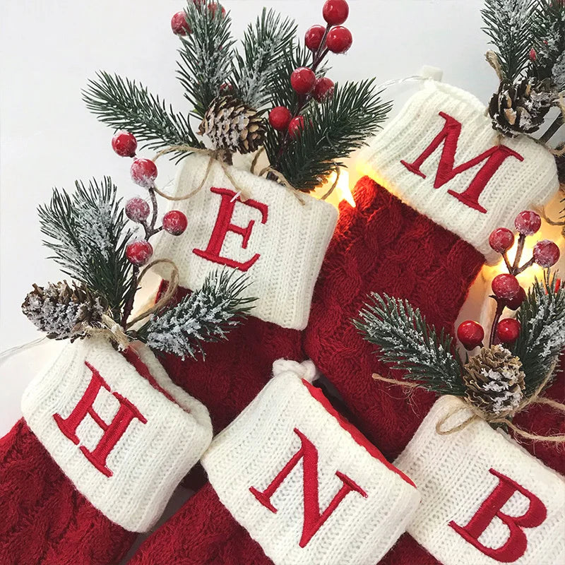 Red Knitted Christmas Tree Decorations with Alphabet Letters & Snowflakes