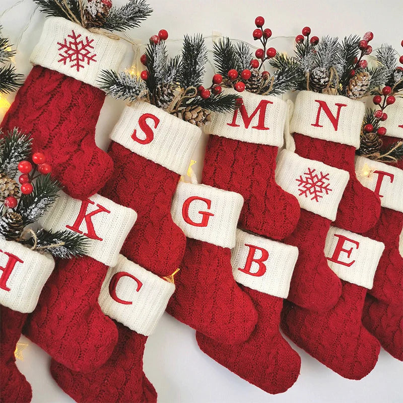 Red Knitted Christmas Tree Decorations with Alphabet Letters & Snowflakes