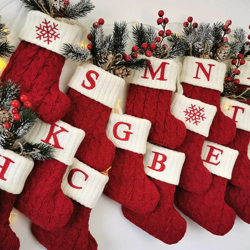 Red Knitted Christmas Tree Decorations with Alphabet Letters & Snowflakes